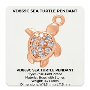 Mini sea turtle charm in rose gold brass with white zircon for DIY jewelry making