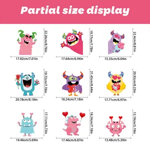 Detailed size chart showing dimensions for 9 different Valentine gnome window stickers