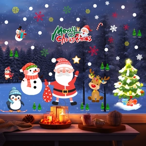 Christmas window stickers with Santa, snowman, and reindeer on a winter forest backdrop
