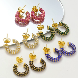 Gold plated C-shaped hoop earrings with colorful cubic zirconia in five vibrant colors