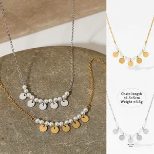 Geometric Round Disc Artificial Pearl Necklace Stainless Steel Minimalist Jewelry For Women Elegant Daily Wear