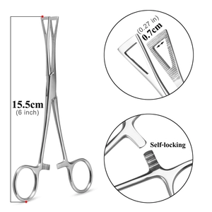 Dettaglio della pinza per piercing autobloccante in acciaio inossidabile da 15,5 cm con presa antiscivolo