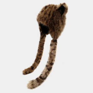 Faux fur leopard print trapper hat with long ear flaps and warm plush earflaps for winter