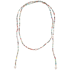 Bohemian colorful crystal beaded long necklace with three white pearls on white background