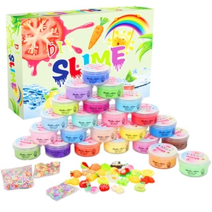 DIY slime kit featuring colorful containers with fruit accessories and decorative beads