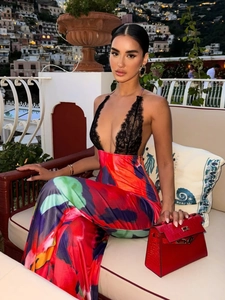 Women Maxi Dress Halter Deep V Neck Lace Patchwork Abstract Floral Print Crisscross Backless Slim Fit Elegant Party
