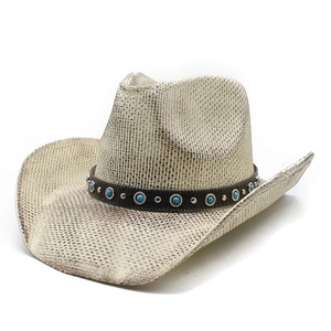 Classic straw cowboy hat with turquoise beaded leather band and stylish curved brim