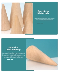 Macro detail of solid wood cone jewelry display stand showing natural wood grain finish