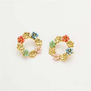 18K gold plated stainless steel hoop earrings featuring colorful beads and floral accents