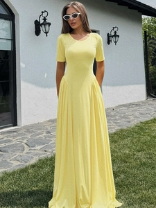 Women's summer yellow short sleeve maxi dress with slim fit U-neck and flared hem