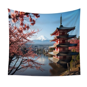 Detail of Mount Fuji tapestry featuring red pagoda and cherry blossoms on fabric
