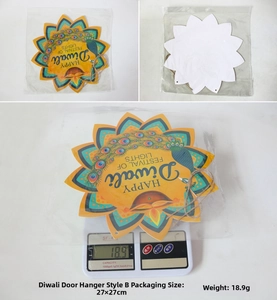 Detail view of Diwali door sign featuring Diya and mandala patterns with weight measurement