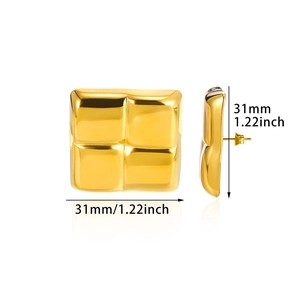 Detail showing the 31mm size measurements of gold geometric quilted texture stud earrings