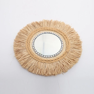 Bohemian Round Wall Mirror Handmade Raffia Grass Woven Decorative Mirror With Silver Beads For Home Bedroom Decor