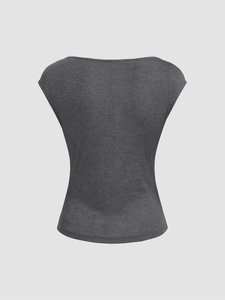 Slim fit dark grey sleeveless t-shirt with a scoop neck and fine knit texture for women