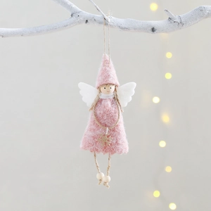 Pink plush Christmas angel ornament with pointed knit hat and wings hanging on tree branch