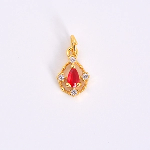 Gold hollow teardrop pendant with red stone and micro-pave cubic zirconia for DIY jewelry