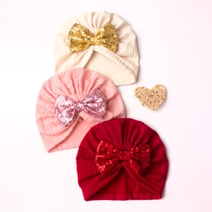 Infant jacquard turban hats with large sequin bows in cream pink and burgundy red set