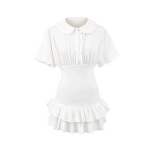 Vestido corto blanco con cuello de muñeca, mangas abullonadas y dobladillo con volantes