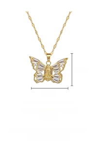 Detailed view of hollow butterfly pendant necklace with micro-pave cubic zirconia on gold chain
