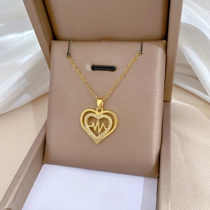 Gold heart necklace with heartbeat design and sparkling zircons in a gift box