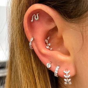 Detailed close-up of S925 silver ear piercing set with sparkling zircon snake studs