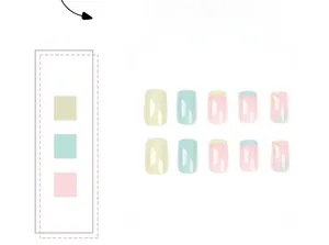 Detail of yellow and blue French floral press-on nails with macaron matte finish