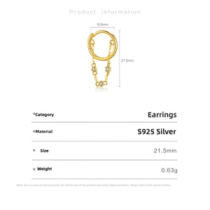 Detailed view of S925 sterling silver gold earrings with zircon chain pendant and dimensions