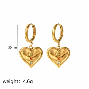 18k gold plated heart drop earrings with colorful zircon stones and hammered texture