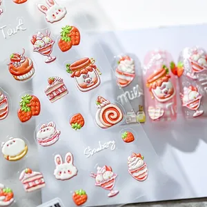 3D embossed strawberry and cake nail art stickers with sweet dessert designs
