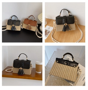 Detail view of woven saddle bags with tassels and long rope straps in brown and black