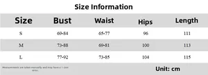 Size chart for deep V neck backless dress showing bust waist and hips measurements