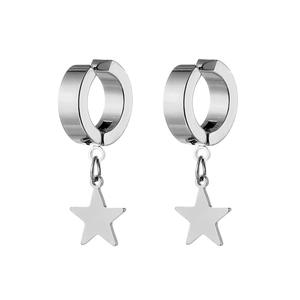 Macro detail of pair of silver stainless steel star pendant clip-on earrings for unisex wear