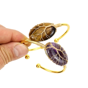 Handmade wire wrapped bangle with oval amethyst and tiger eye stone for women