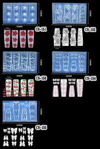 Blue silicone nail art molds with floral and cherry patterns for 3D manicures