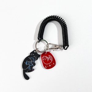Acrylic cat keychain with black spring rope and C.A.T pendant on white background