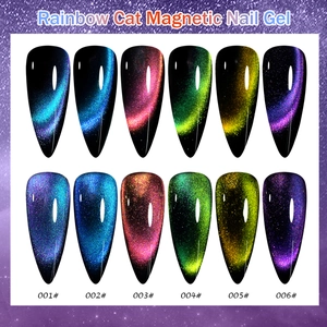 Rainbow Cat Magnetic Nail Gel set featuring six vibrant colors with cat eye and glitter effects
