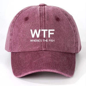Detailed texture of washed cotton baseball cap with WTF and WHERE'S THE FISH print