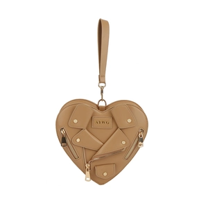 Caramel heart-shaped biker style crossbody bag featuring motorcycle jacket elements