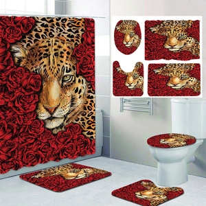 Detail of 4-piece bathroom set with leopard and rose print on waterproof fabric