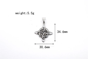 Detailed specs of Celtic knot pendant showing 34.6mm height and 5.5g weight info