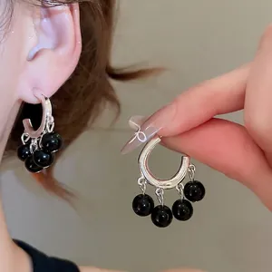 Vintage C Shape Dangle Hoop Earrings With Glass Beads And 925 Sterling Silver Earring Post Retro Jewelry For Women