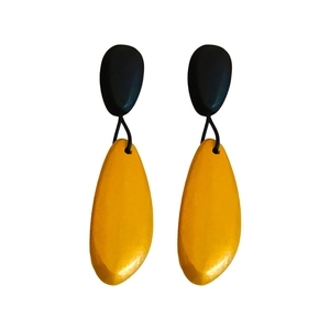 Irregular oval wood drop earrings in black and bright yellow with silver needles