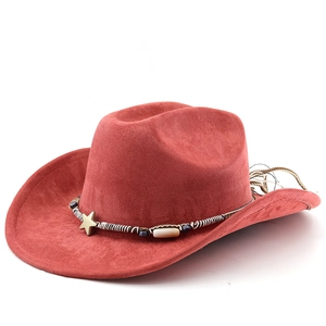 Detail of red faux suede cowboy hat with ethnic band and gold star metal embellishments