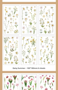 Detailed view of floral PET stickers with daisy and tulip designs for DIY scrapbooking