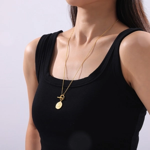 French style 18k gold plated stainless steel OT buckle necklace with coin pendant