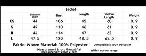 Detailed size chart for women's faux leather jacket with measurements and material info