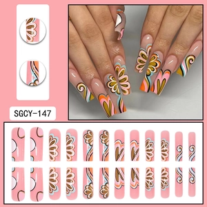 Pink long square press-on nails with retro floral graffiti and colorful swirl patterns