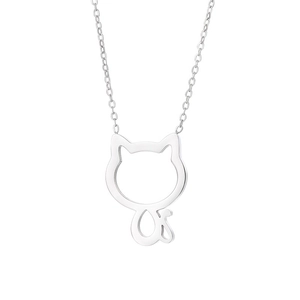 Minimalist silver hollow cat pendant necklace in stainless steel with polished finish