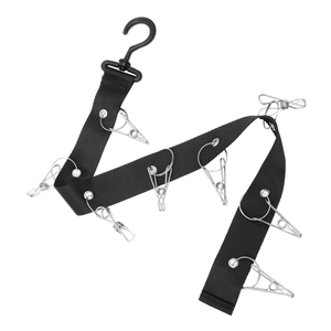 Detail view of closet storage organizer with 10 stainless steel clips on black nylon strap